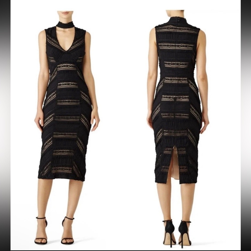 Cinq a Sept Kora Choker Dress Midi Black tan Lace bodycon Dress